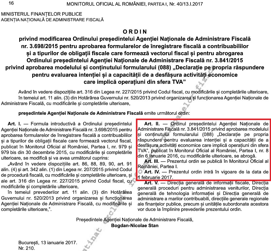 DOCUMENT Eliminarea declaratiei 088 privind TVA, publicata in Monitorul Oficial. Cand intra in vigoare