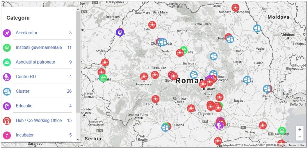 Harta incubatoarelor, acceleratoarelor si huburilor de afaceri pentru start-upuri, publicata de Guvern