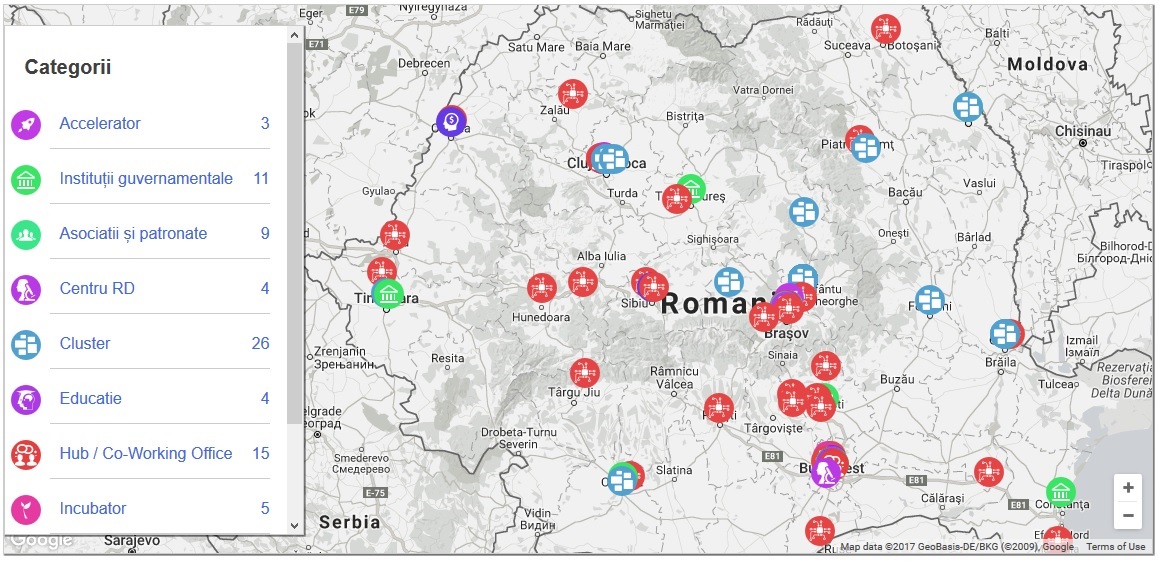 Harta incubatoarelor, acceleratoarelor si huburilor de afaceri pentru start-upuri, publicata de Guvern