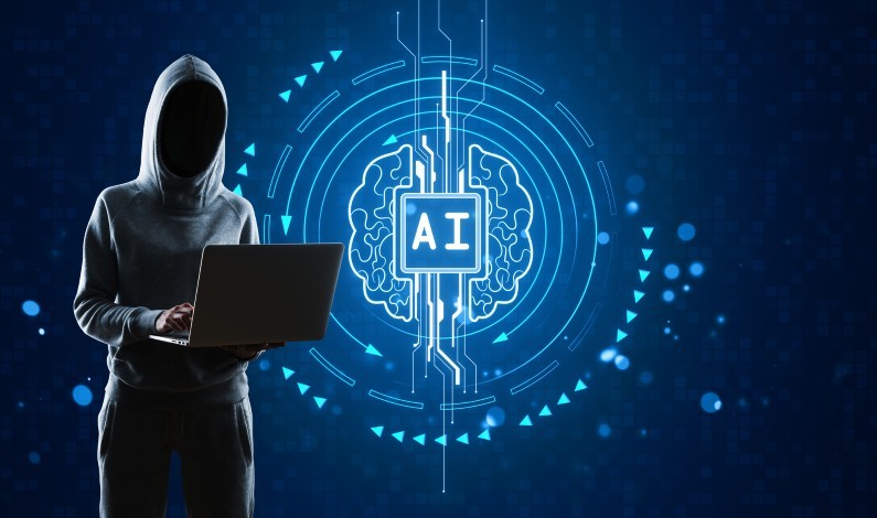 Concept AI, inteligență artificială, securitate cibernetică, persoană cu glugă pe un laptop