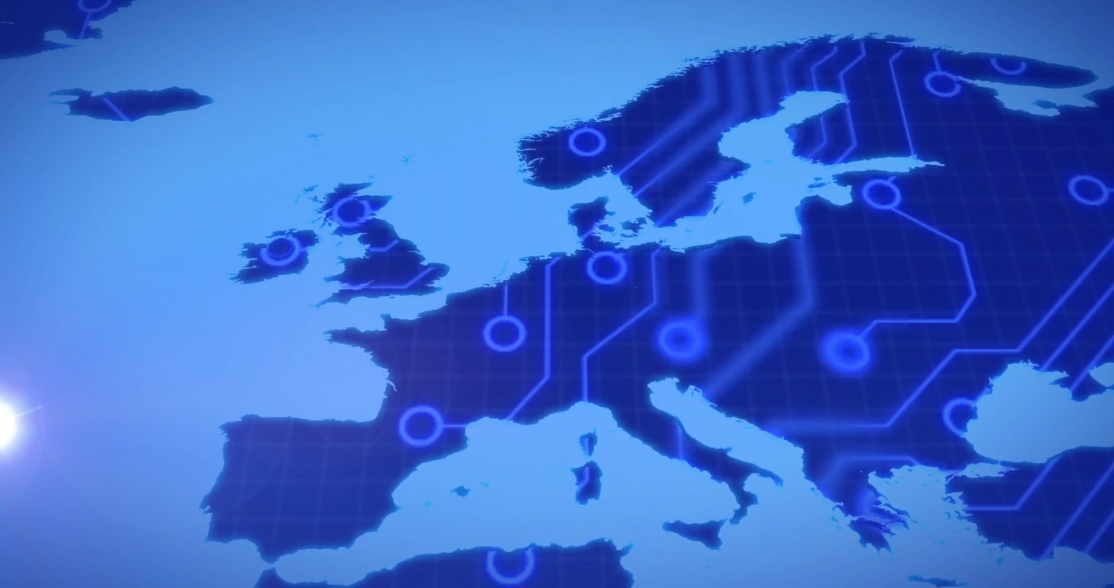 harta Europei acoperită în model de rețea tehnologică; concept Europa Digitală