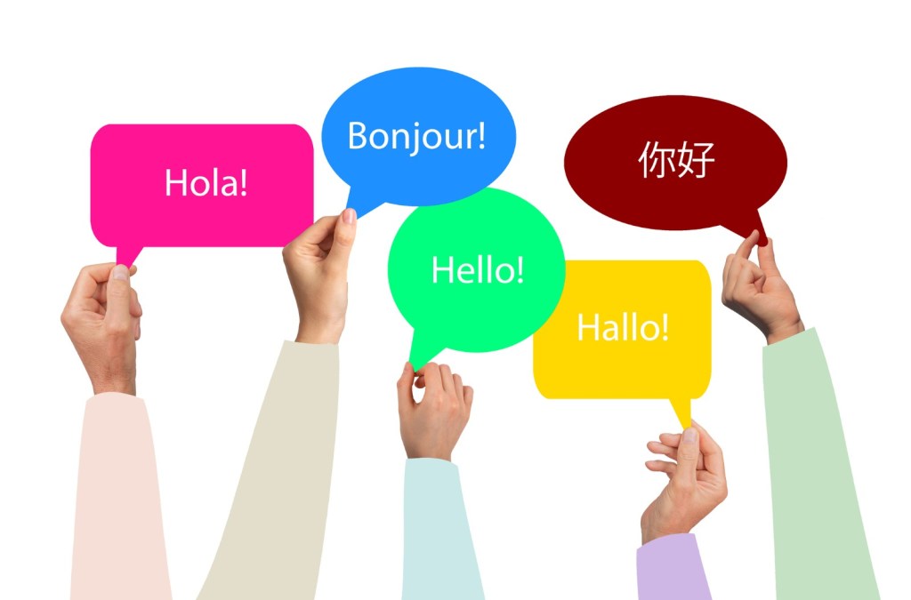 „Bună” în mai multe limbi străine, engleză, franceză, spaniolă, germană, chineză