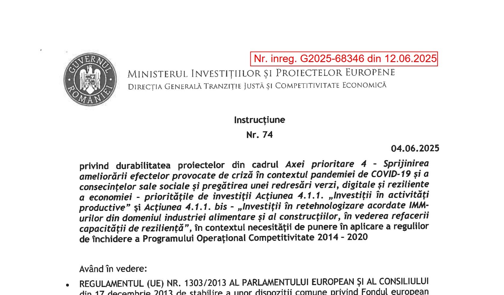Granturi POC 4.1.1/ 4.1.1Bis: Instrucțiunea 74/2025 pentru depunerea rapoartelor de durabilitate de către firmele care au făcut proiecte cu fondurile UE de câte 50.000-500.000 EUR