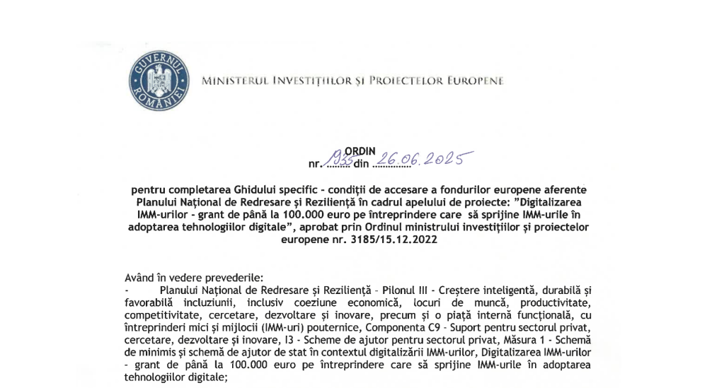 ordin minisstru digitalizare imm pnrr