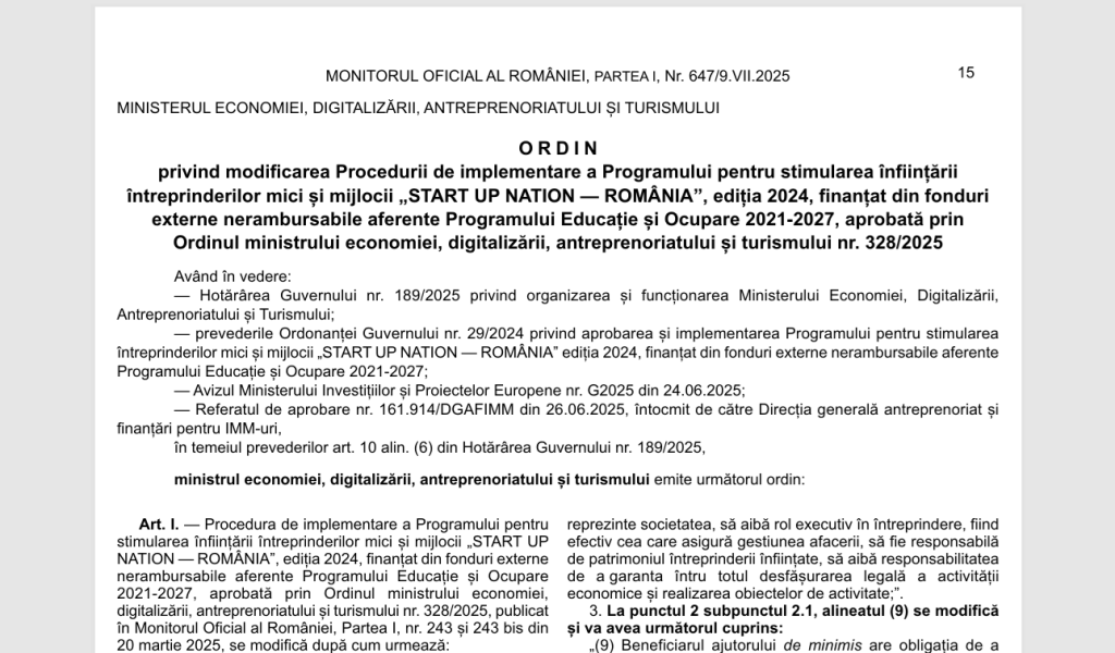 Ordin 1565 Startup Nation 2025 - modificare procedura