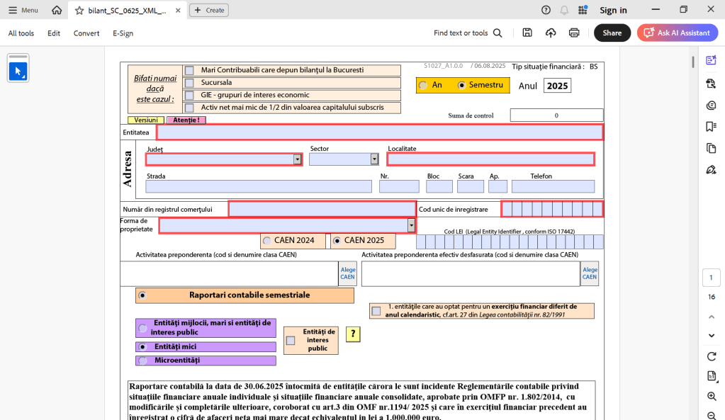 Formular PDF raportare semestriala 2025