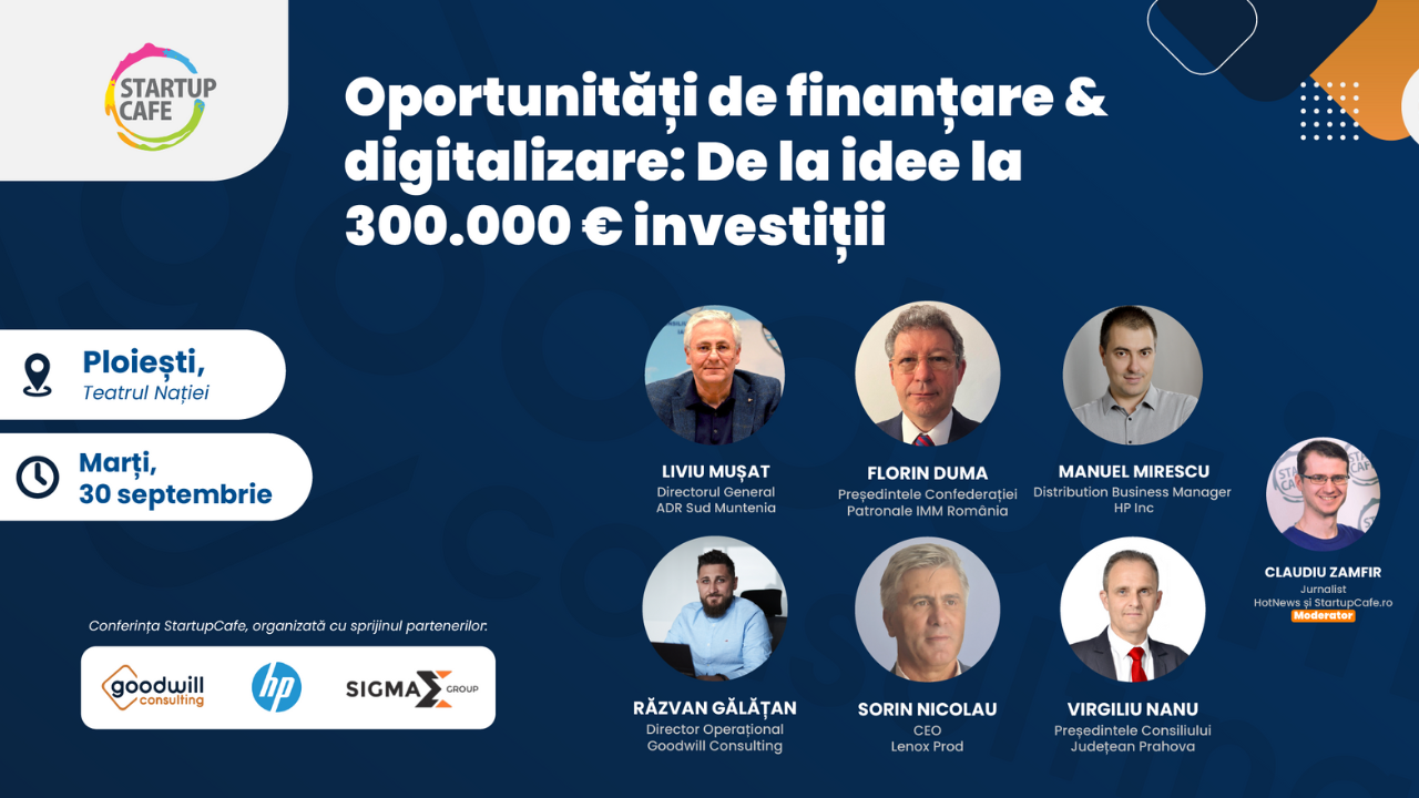 Fonduri UE 2025: Conferința StartupCafe despre granturile PTJ de 50.000-300.000 EUR pentru microîntreprinderile din județul Prahova