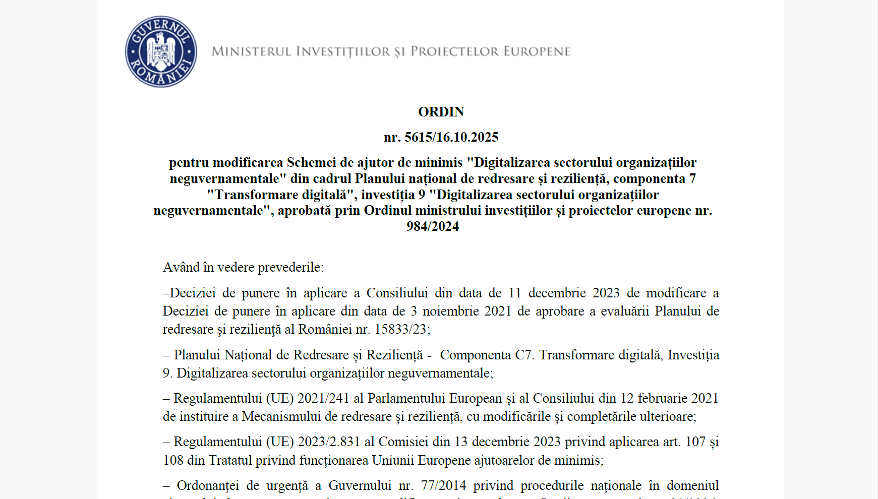 Ajutoare PNRR pentru digitalizare: creșterea bugetului destinat ONG-urilor – ordinul MIPE 5.615/2025