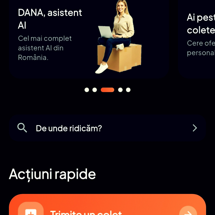 Pentru utilizatorii care au nevoie de asistență în procesul de expediere, roboțica AI DANA răspunde la întrebări și în aplicația mobilă/FOTO: Aplicatie eAWB