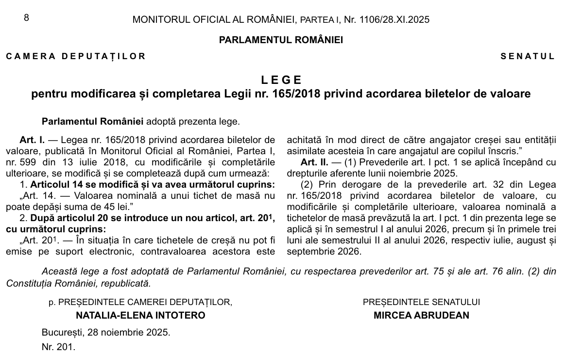 Valoarea maximă a bonurilor de masă cu facilități fiscale a crescut la 45 lei, începând cu noiembrie 2025 – Legea 201/2025