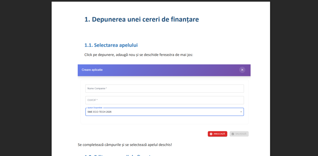 platforma depunere cereri SME Eco-Tech