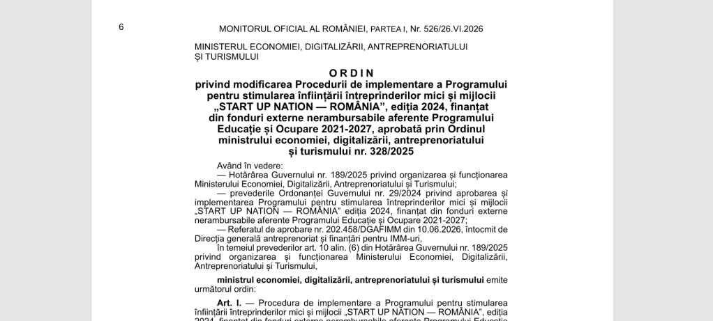 Ordin 922-2026-modificare porcedura Startup Nation