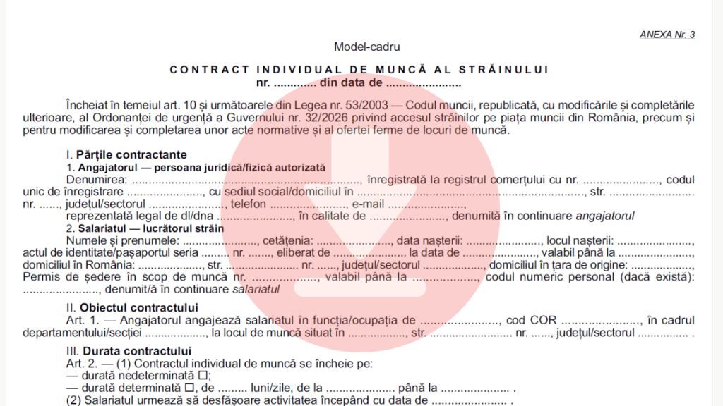 Modelul-cadru obligatoriu de contract de muncă între firmele românești și lucrătorii străini din afara UE. Descarcă Ordinul 655/2026 publicat în Monitorul Oficial