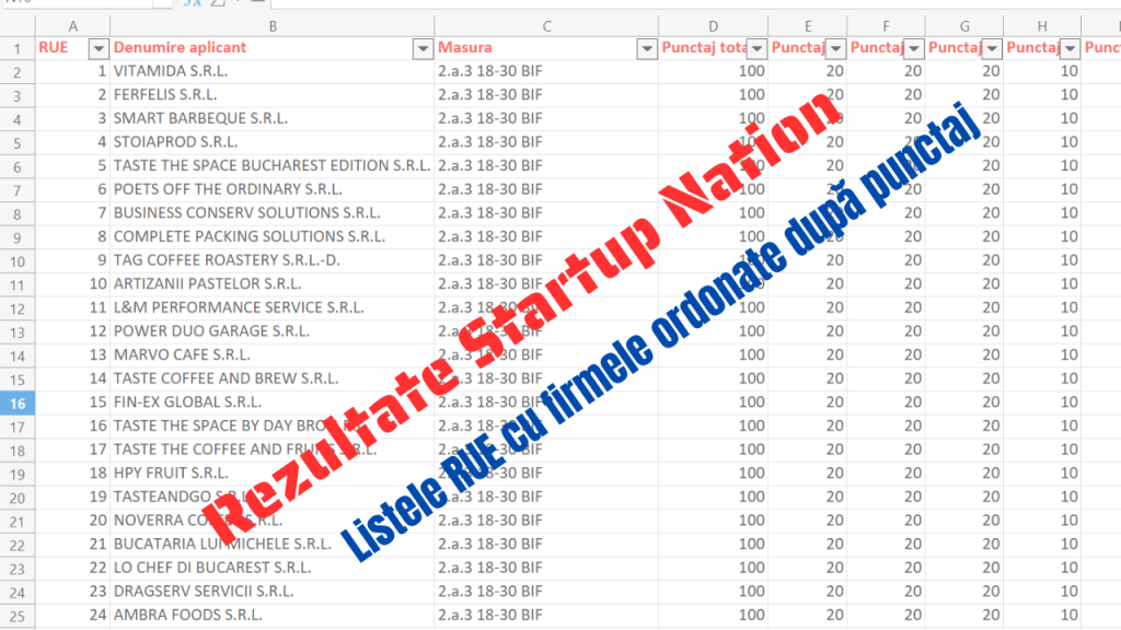 Rezultate Startup Nation: S-au publicat listele RUE cu firmele aplicante la granturile IMM de 50.000 EUR, în ordinea punctajelor obținute