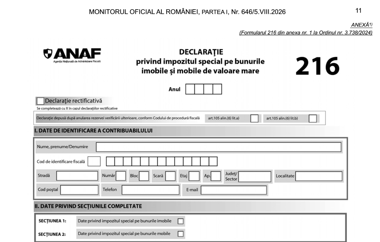 OFICIAL Formularul ANAF 216, folosit de proprietarii de vile și mașini scumpe pentru declararea „taxei pe lux”, actualizat. Descarcă PDF editabil