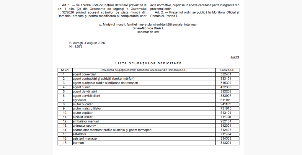 lista ocupatiilor deficitare- ordin oficial