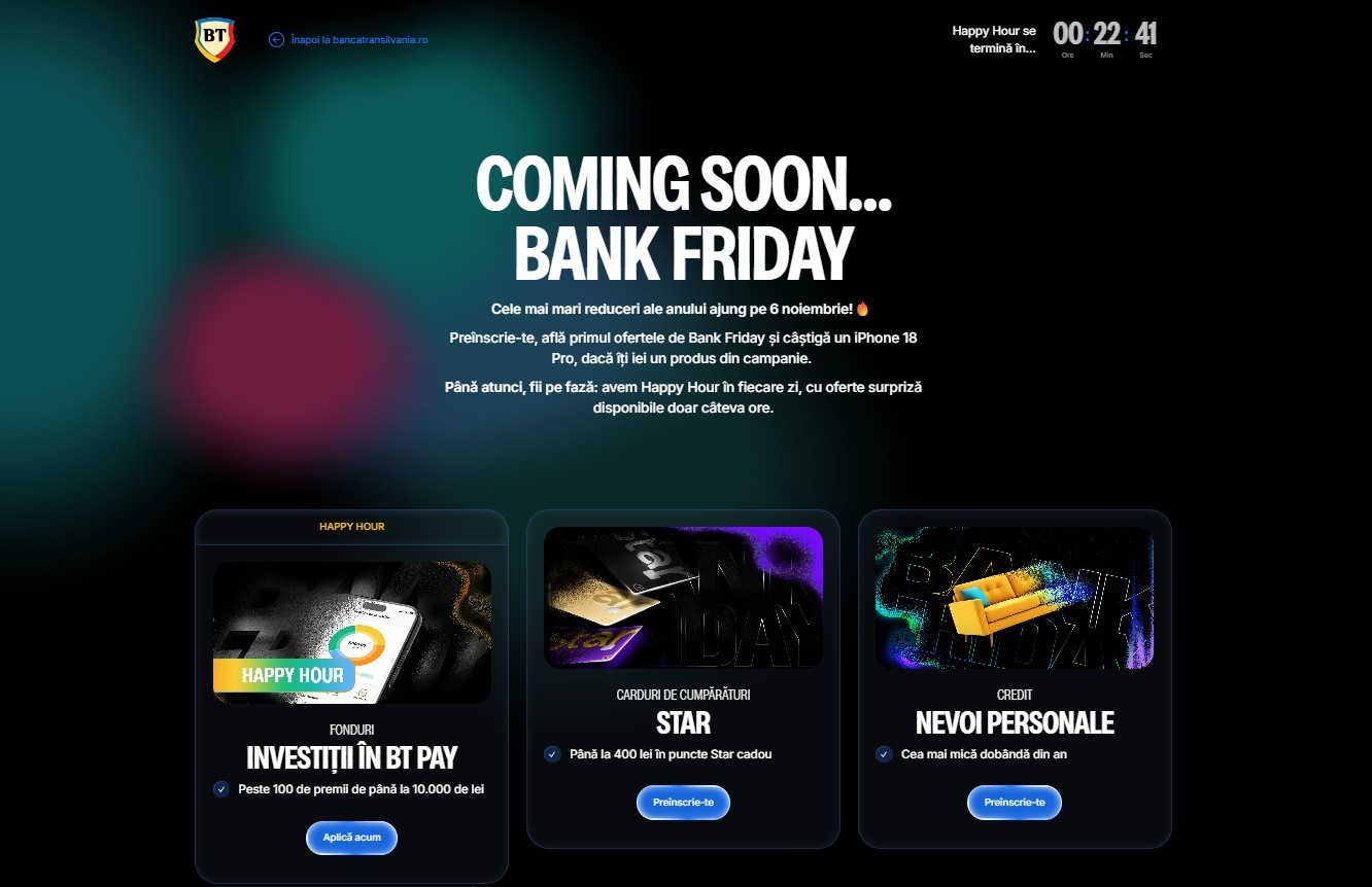 Bank Friday 2026: Când va avea loc campania Băncii Transilvania / Oferte „Happy Hour” și tragere la sorți pentru telefoane iPhone